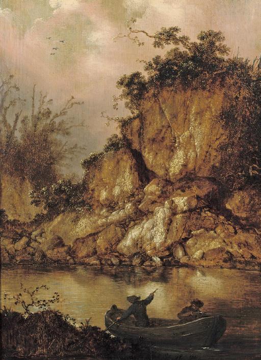 Jacobus Sibrandi Mancadan - A rocky river landscape with two hunters in a rowing boat