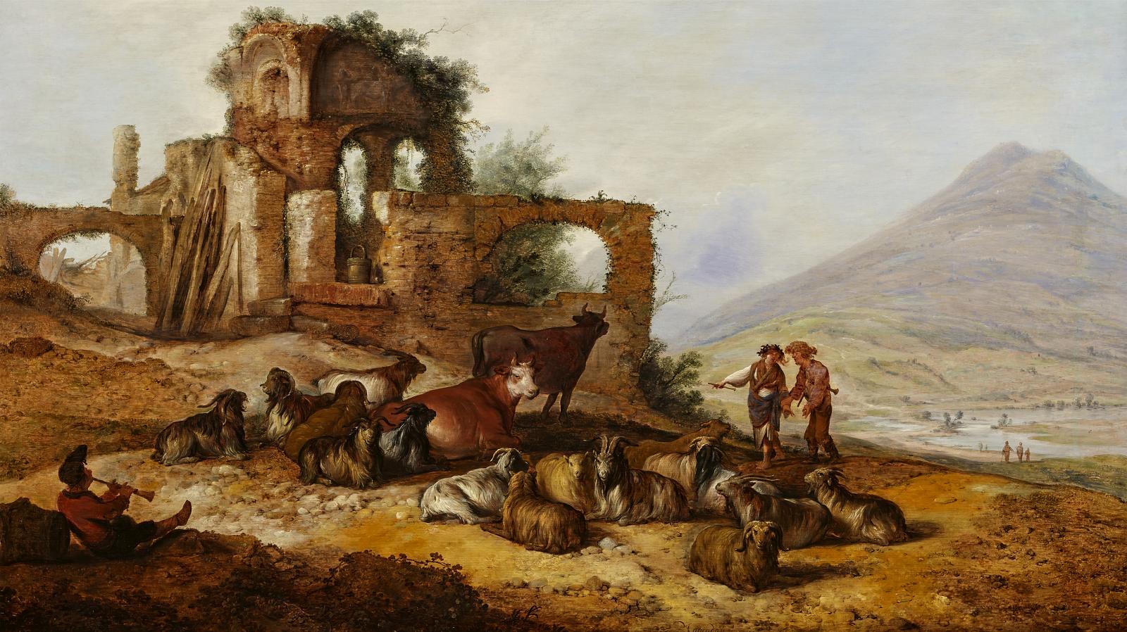 Jacobus Sibrandi Mancadan - Italienische Ruinenlandschaft mit Hirten