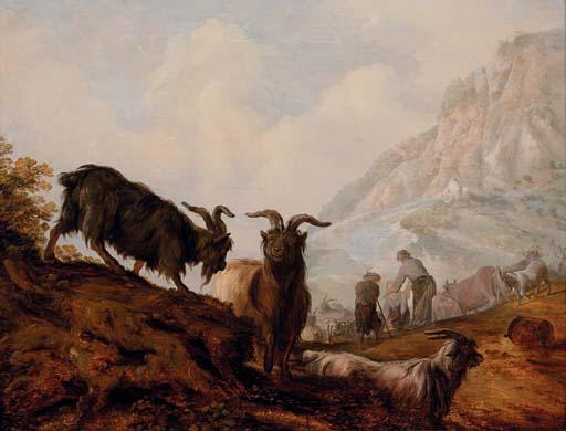 Jacobus Sibrandi Mancadan - Peasants and goats in a mountainous landscape