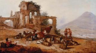 Jacobus Sibrandi Mancadan - Peasants with livestock by classical ruins in an extensive landscape, with a youth playing a pipe in the foreground