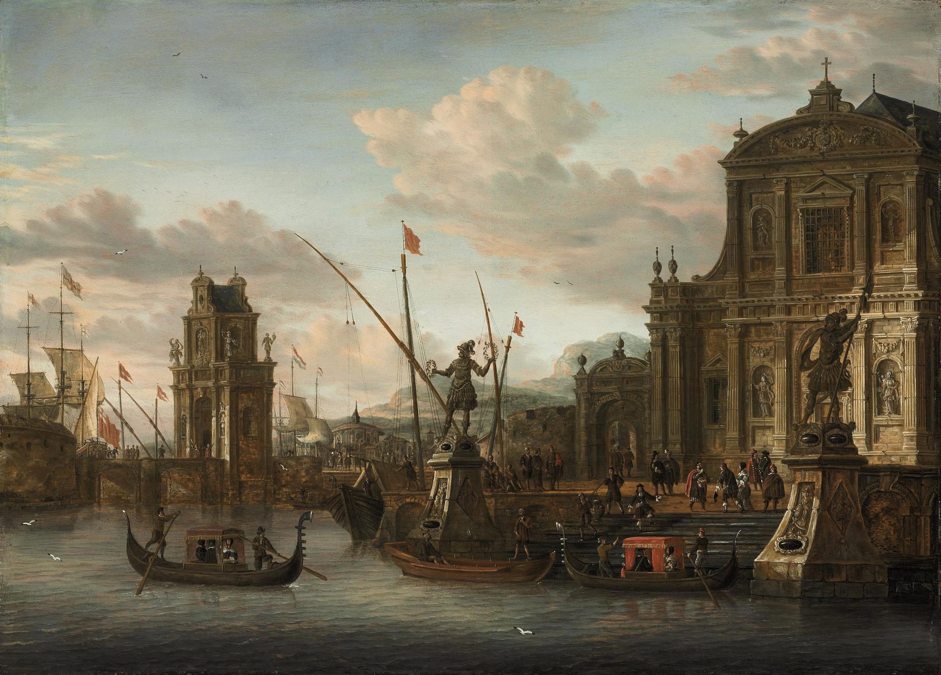 Jacobus Storck - A capriccio of a Mediterranean harbour with a Dutch ship at anchor, a churchyard with a classical column on the embankment, figures descending to the beach the steps of a baroque church