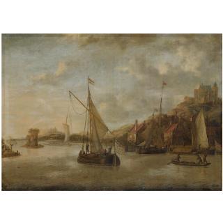 Jacobus Storck - A Dutch Harbour Scene With Sailing Vessels And Other Shipping Near The Coast, With Numerous Figures On The Quayside, A View Of A Castle Beyond