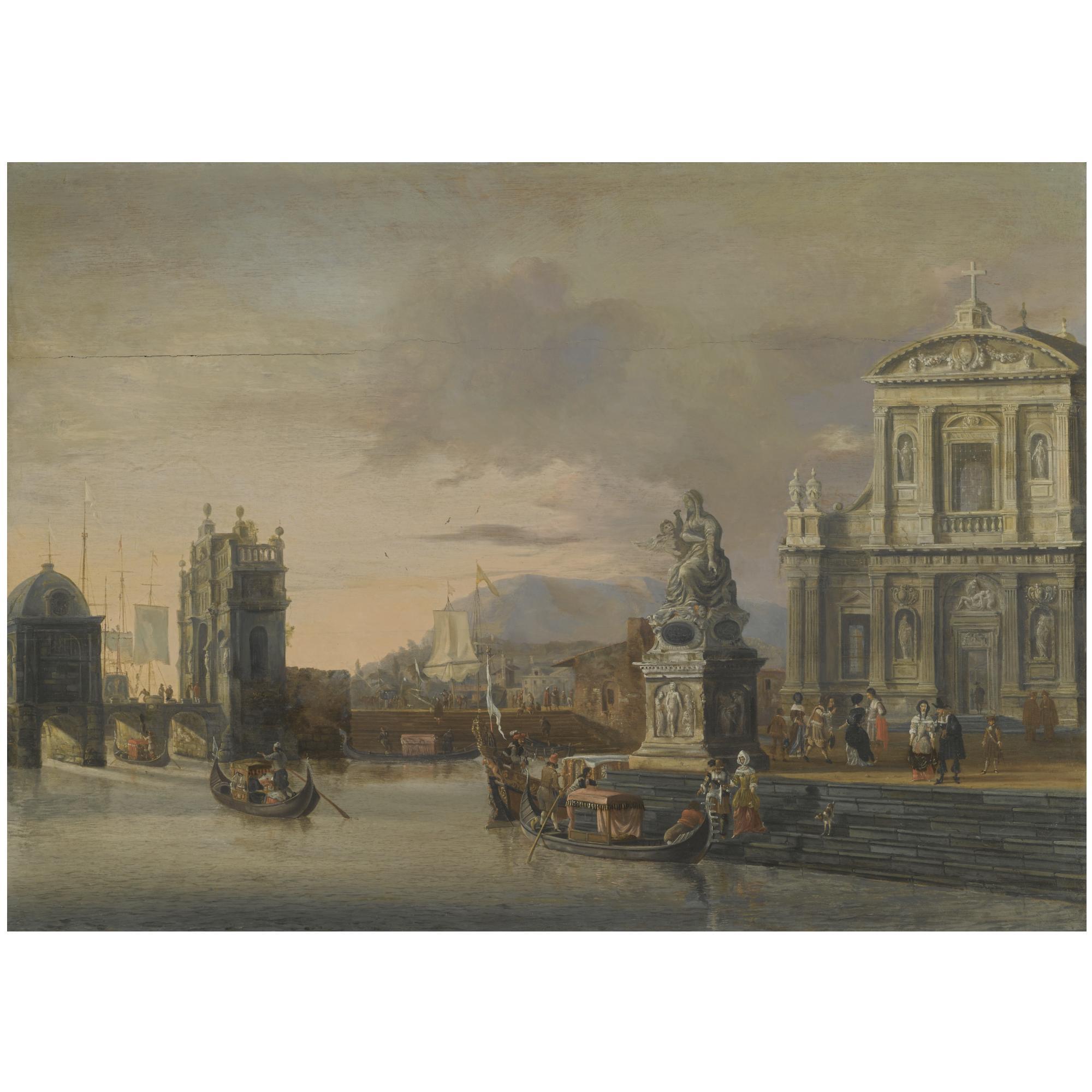 Jacobus Storck - A Mediterranean Harbour Capriccio With Elegant Figures Boarding Gondolas