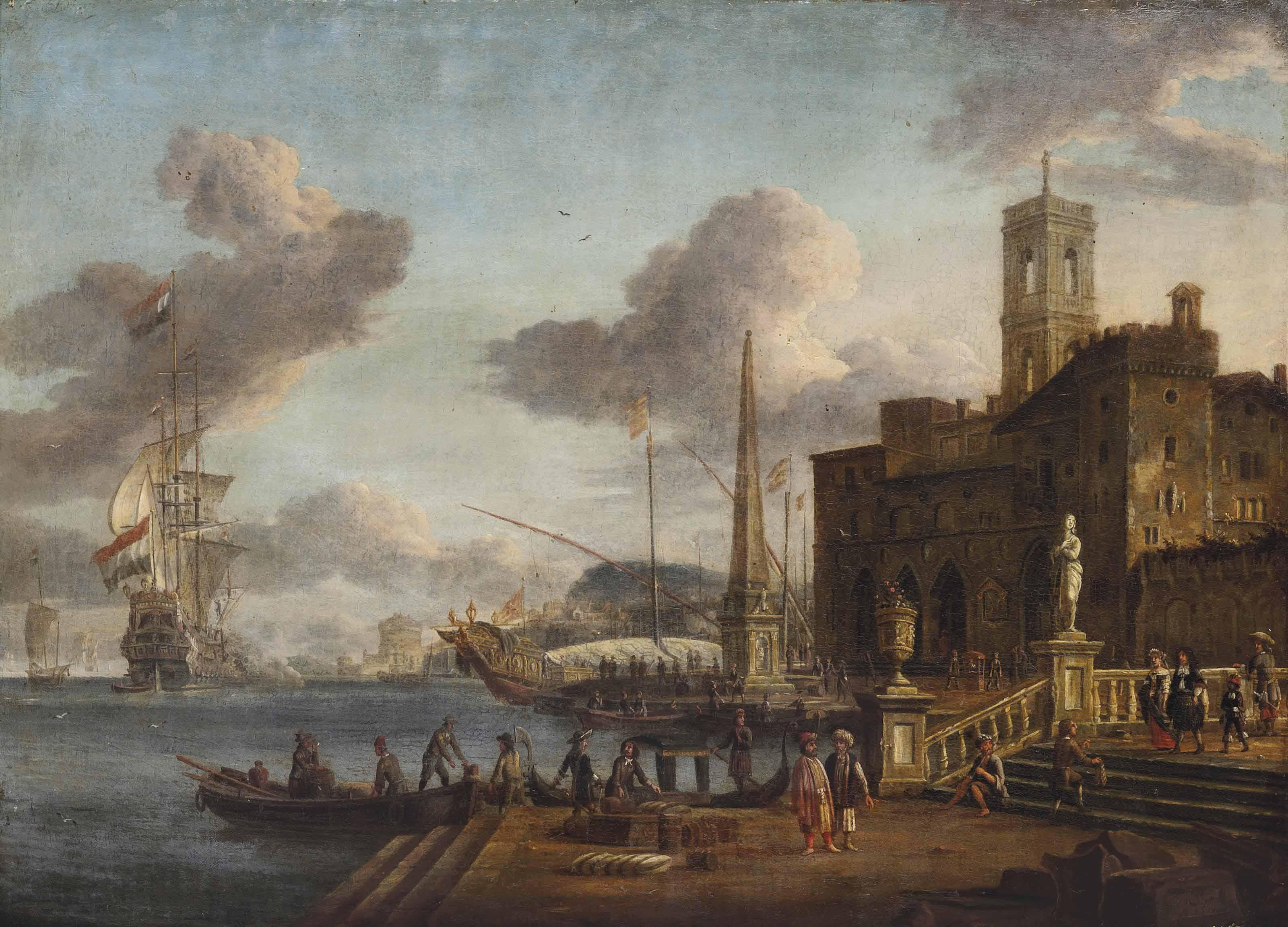 Jacobus Storck - A Mediterranean harbour scene with figures in Oriental dress, shipping beyond