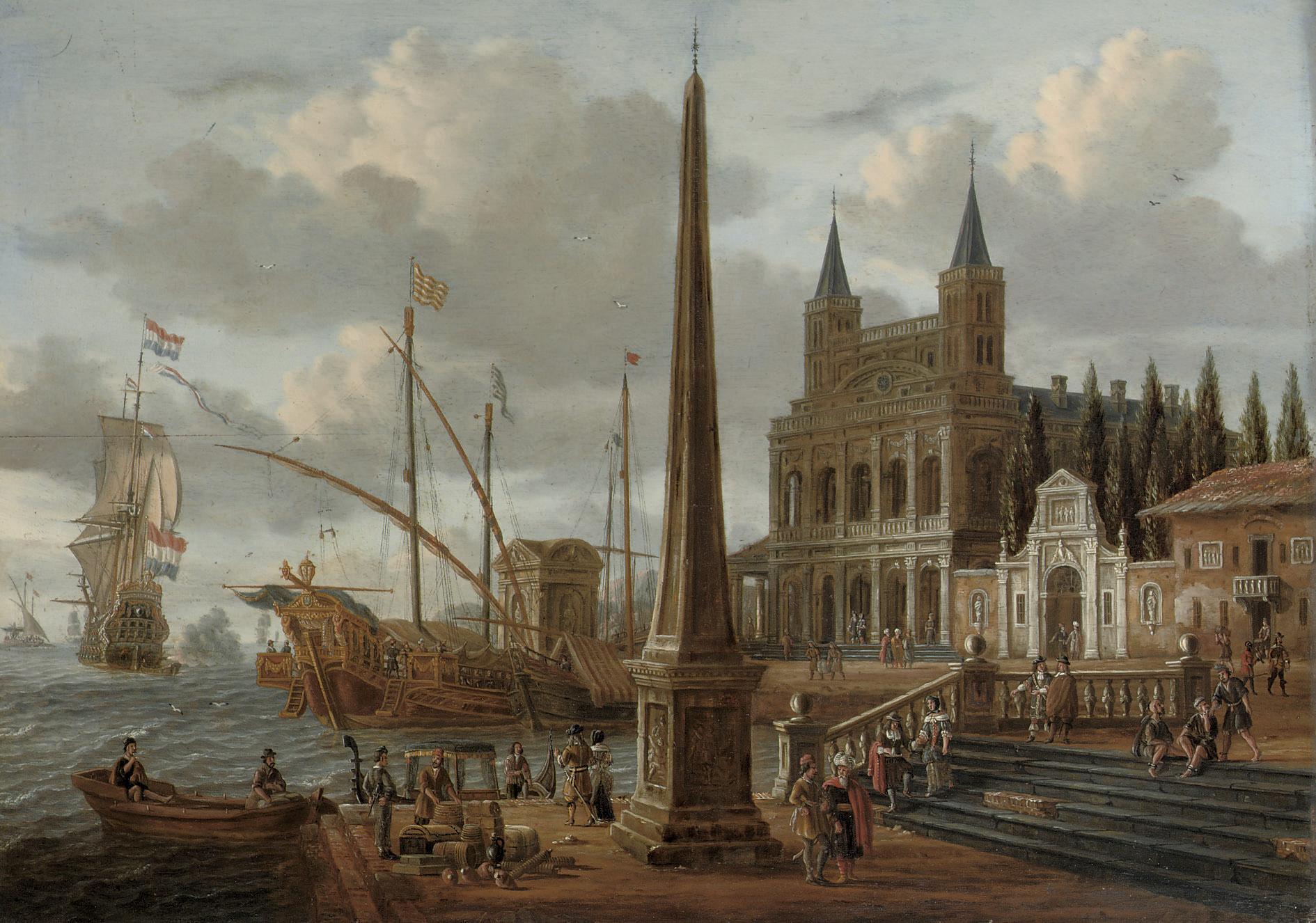 Jacobus Storck - A meditteranean harbour scene with the facade of the Basilica di San Giovanni in Laterano