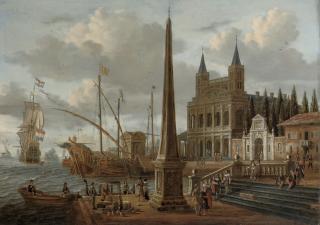 Jacobus Storck - A meditteranean harbour scene with the facade of the Basilica di San Giovanni in Laterano