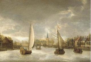 Jacobus Storck - A town on the Vecht (?) with a yacht, a ferry and other boats
