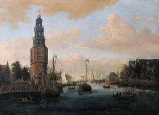 Jacobus Storck - A view of the Oude Schans, Amsterdam, from the Scheepjesbrug towards the IJ, with the Montelbaanstoren on the left and the Kikkerbilsluis beyond