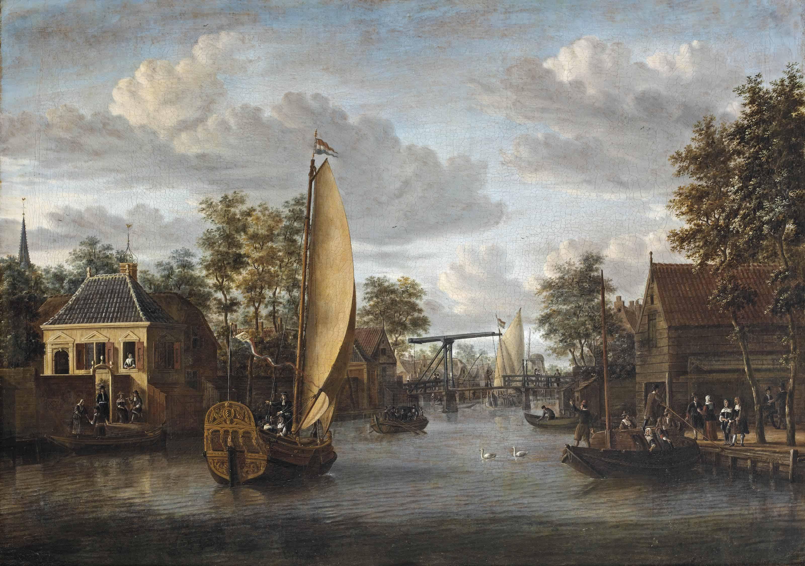 Jacobus Storck - A view of the river Oude Rijn in Alphen aan den Rijn, with an elegant company in a yacht and other figures strolling along the river and on boats