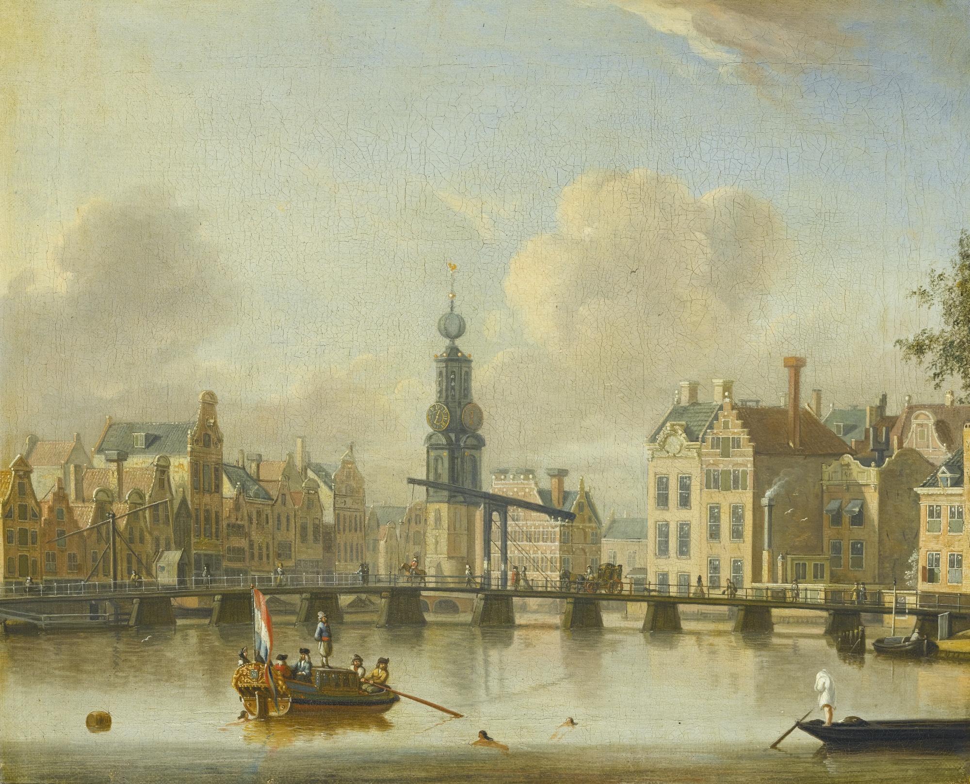 Jacobus Storck - Amsterdam, A View Of The Singel And Munttower, With Figures Crossing A Bridge And Swimming In The Foreground
