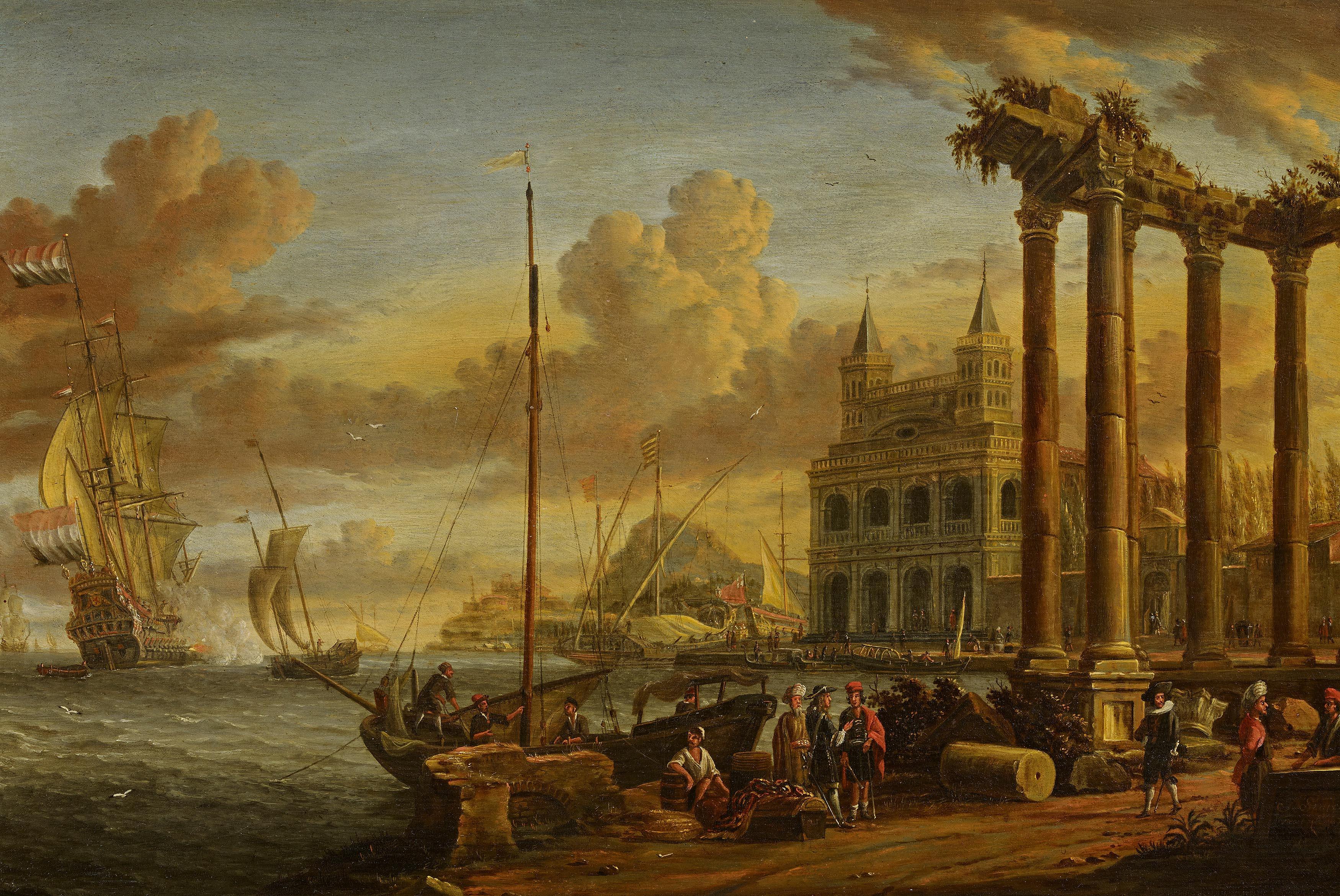 Jacobus Storck - Schiffe bei einer mediterranen Hafenstadt mit der Ansicht der Loggia delle Benedizioni in Rom.