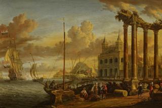 Jacobus Storck - Schiffe bei einer mediterranen Hafenstadt mit der Ansicht der Loggia delle Benedizioni in Rom.