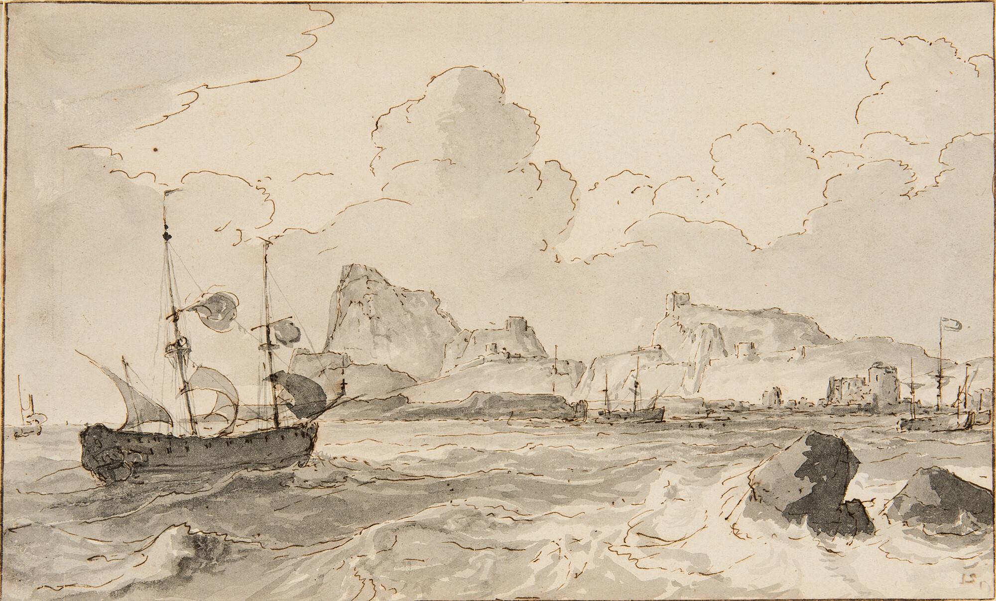 Jacobus Storck - Schiffe vor Hafen an einer Felsküste.