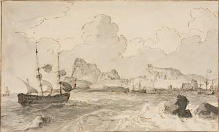 Jacobus Storck - Schiffe vor Hafen an einer Felsküste.