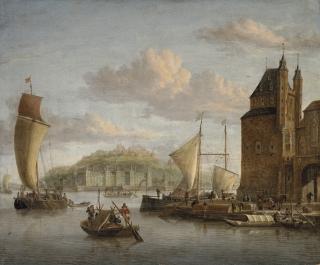 Jacobus Storck - The Fortress of Ehrenbreitstein, Koblenz, from the harbour with merchantmen, figures and barges at the quayside