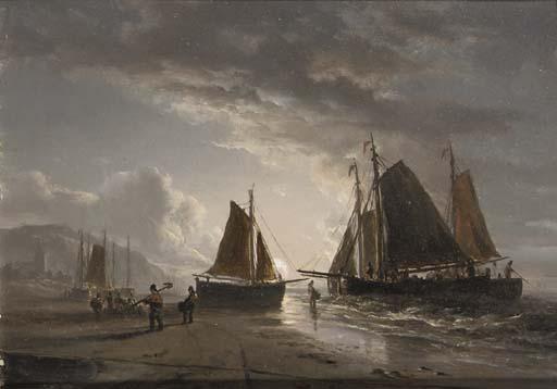Jacobus Theodorus Abels - A Moonlit Beach With Fishermen At Work