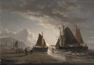 Jacobus Theodorus Abels - A Moonlit Beach With Fishermen At Work