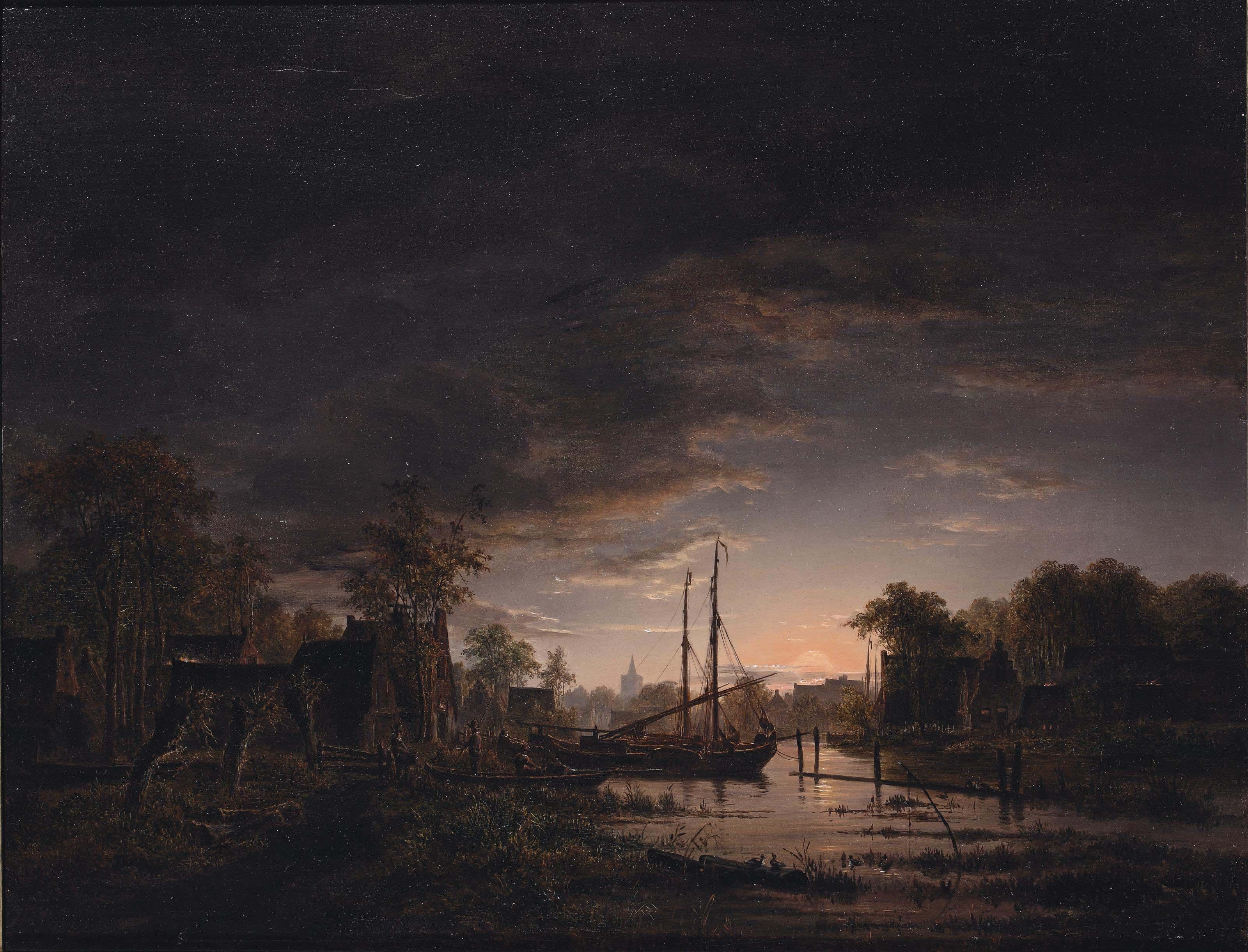 Jacobus Theodorus Abels - A moonlit river landscape (said to be Abcoude)