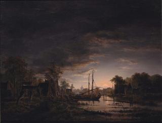 Jacobus Theodorus Abels - A moonlit river landscape (said to be Abcoude)