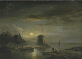 Jacobus Theodorus Abels - A moonlit river landscape