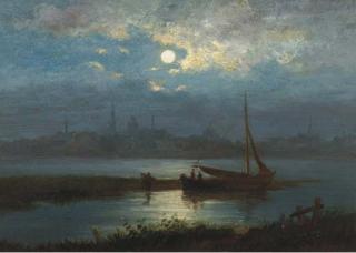 Jacobus Theodorus Abels - A moonlit riverlandscape with a town in the distance