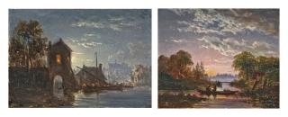 Jacobus Theodorus Abels - A riverside town under moonlight; and Fishing at dawn