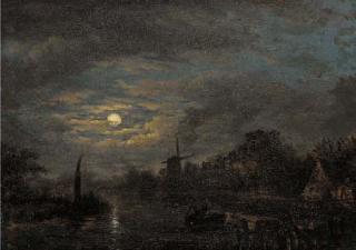 Jacobus Theodorus Abels - Boatmen on a moonlit  waterway