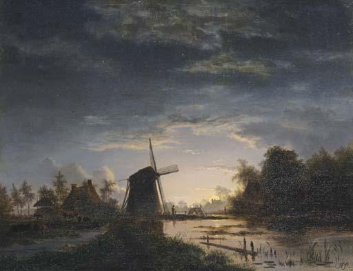 Jacobus Theodorus Abels - The Moon rising over a Windmill and Cottages near a Marsh