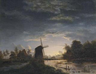 Jacobus Theodorus Abels - The Moon rising over a Windmill and Cottages near a Marsh