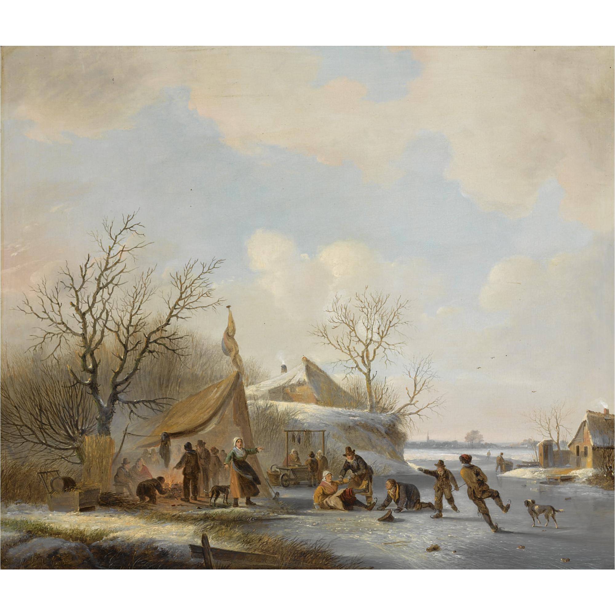 Jacobus van der Stok - Figures On The Ice Near A \'Koek En Zopie\'