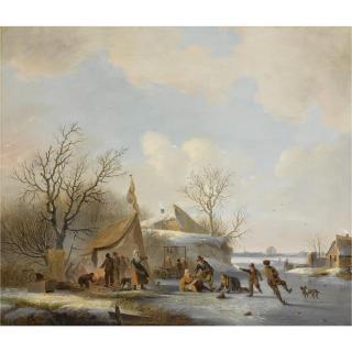 Jacobus van der Stok - Figures On The Ice Near A \'Koek En Zopie\'