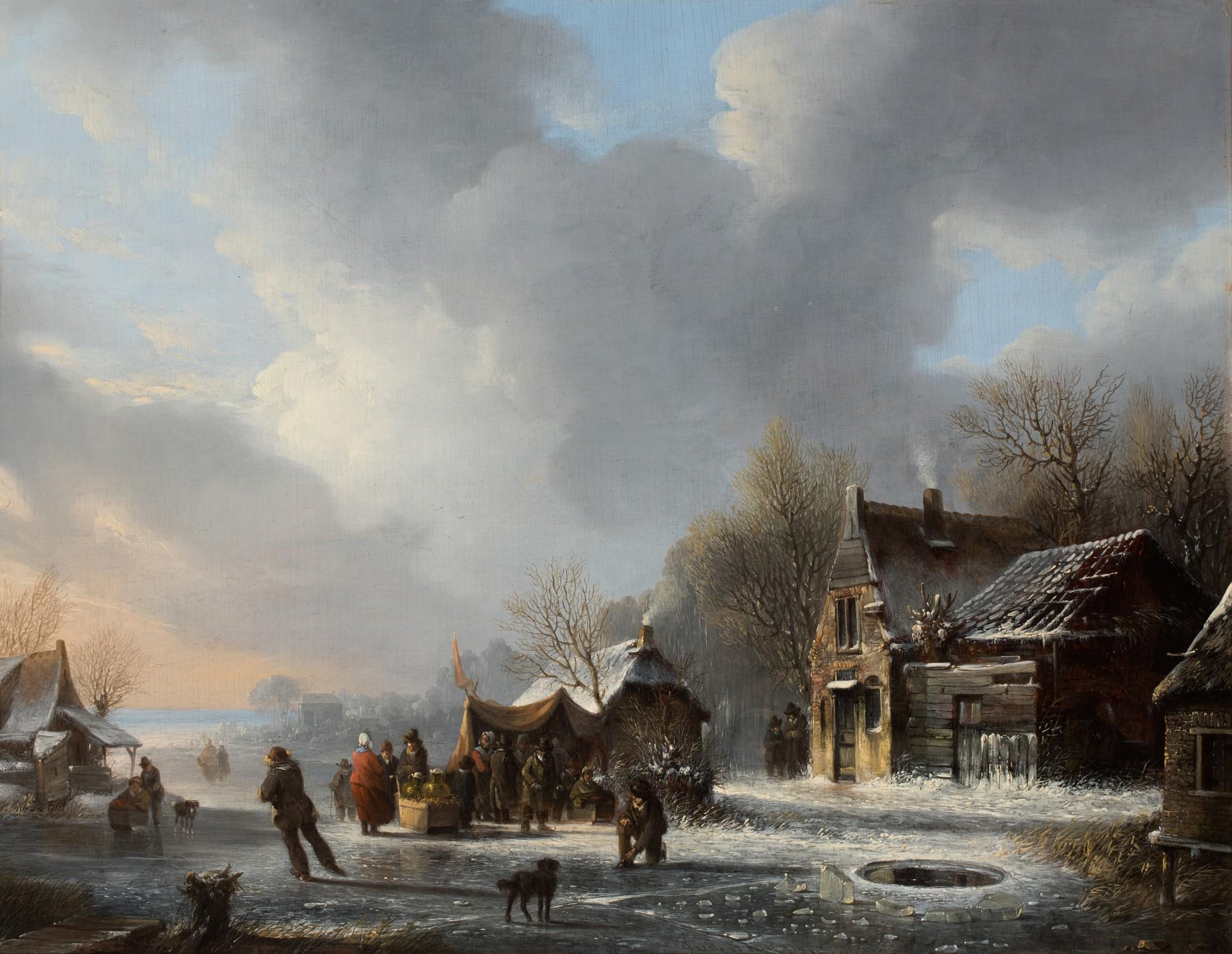 Jacobus van der Stok - Skaters on a frozen river near a Koek-en-zopie
