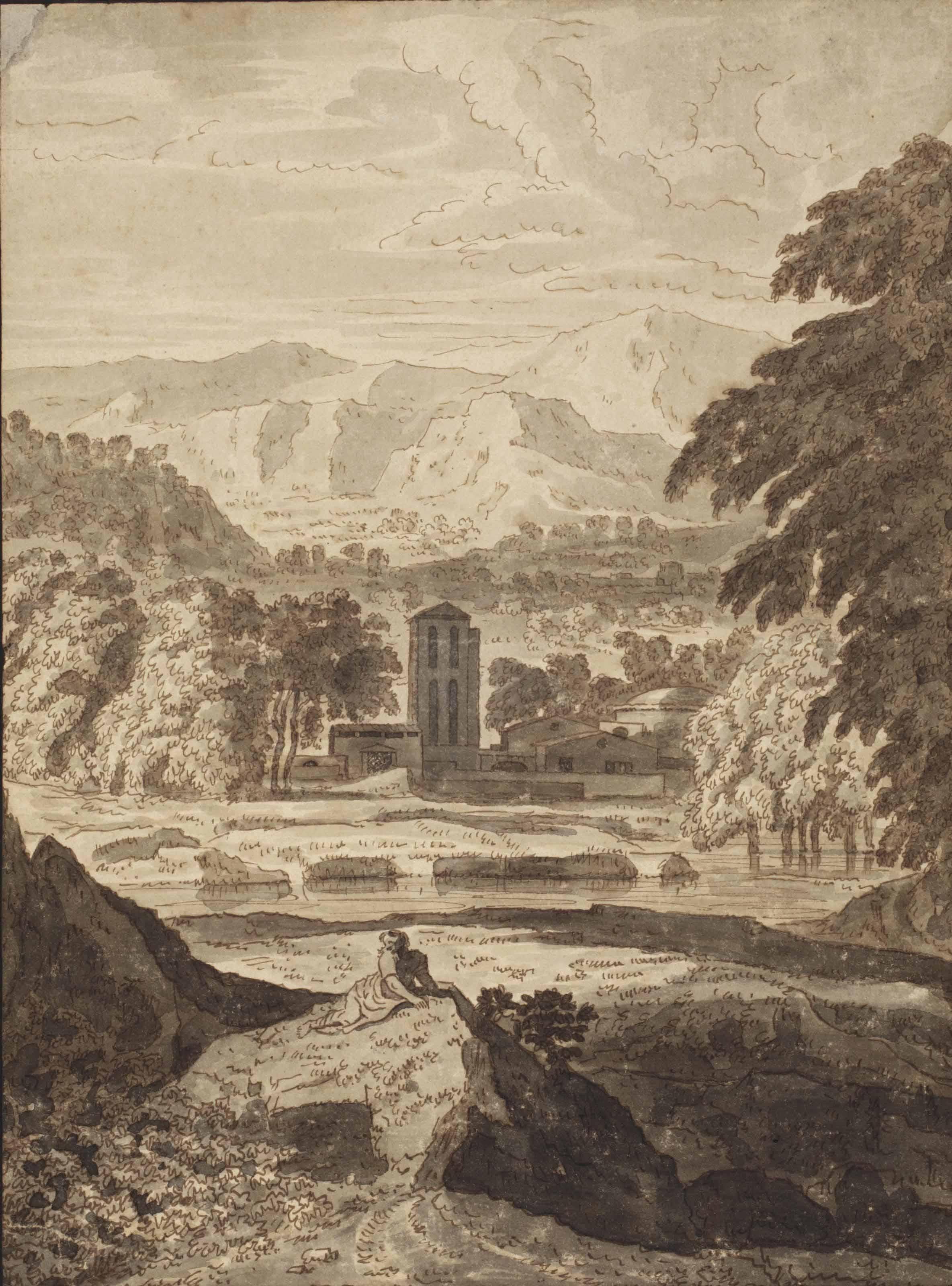 Jacobus Van Liender - An Italianate landscape with buildings near a river and a figure seated on a rock in the foreground