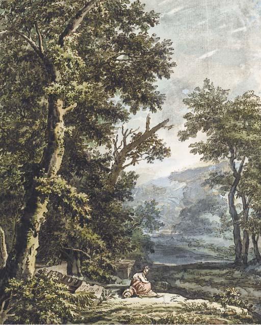 Jacobus van Liender - Un Paysage Boisé Avec Un Lac, Une Femme Assise Au Pied D\'Un Chêne Au Premier Plan