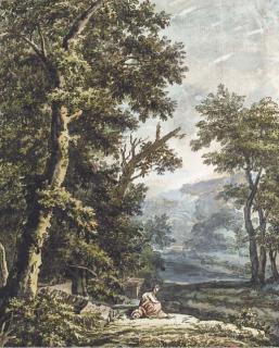 Jacobus van Liender - Un Paysage Boisé Avec Un Lac, Une Femme Assise Au Pied D\'Un Chêne Au Premier Plan