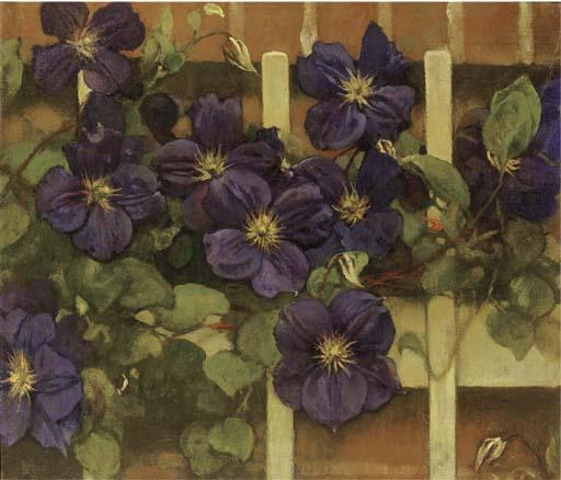 Jacobus van Looy - Clematis tegen hekwerk: flowering Clematis
