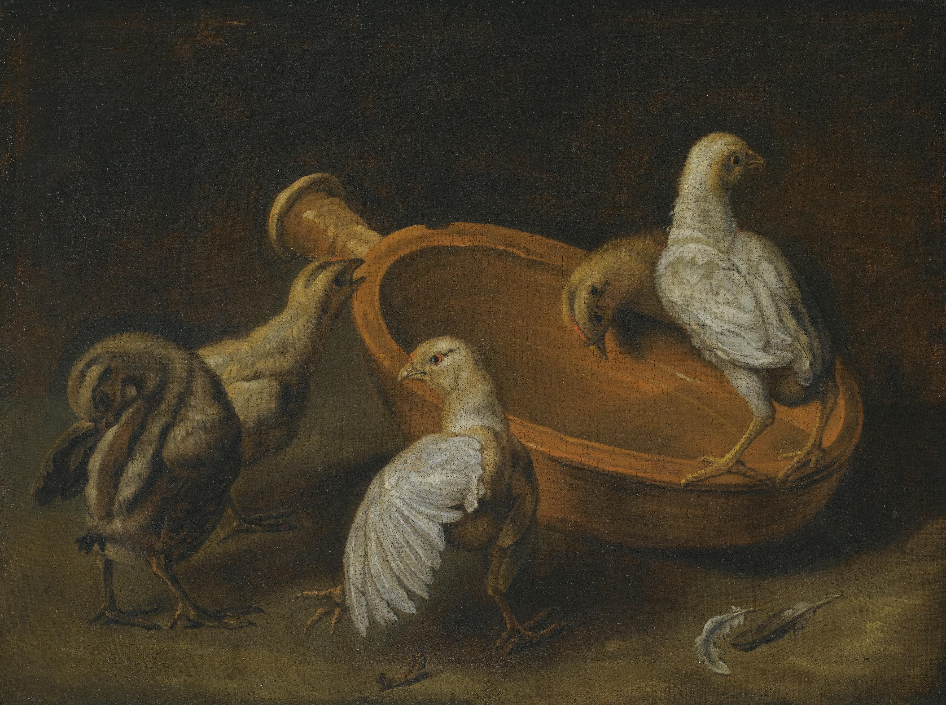 Jacobus Victors - Five Chicks Assembled Around A Bowl Of Water