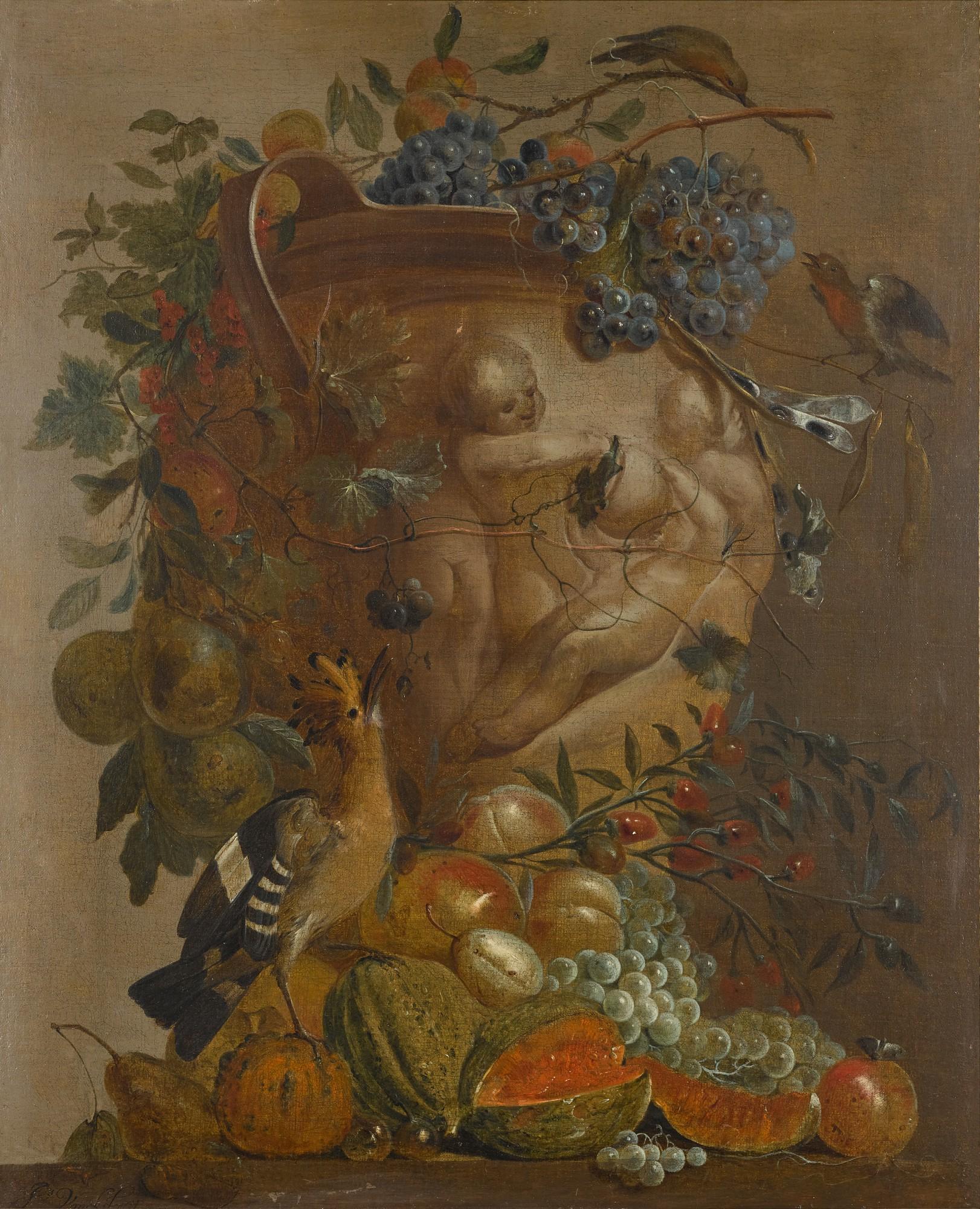 Jacobus Vonck - Still Life Of Melons, Grapes, Peaches And Other Fruits In A Stone Urn Decorated With Putti, With A Hoopoe And Other Birds