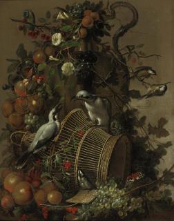 Jacobus Vonck - Two loggerhead shrikes on a reed cage, apples, peaches, grapes, pears, red berries and cherries together with flowers hanging from a vase, a butterfly and great tits, all on a marble ledge