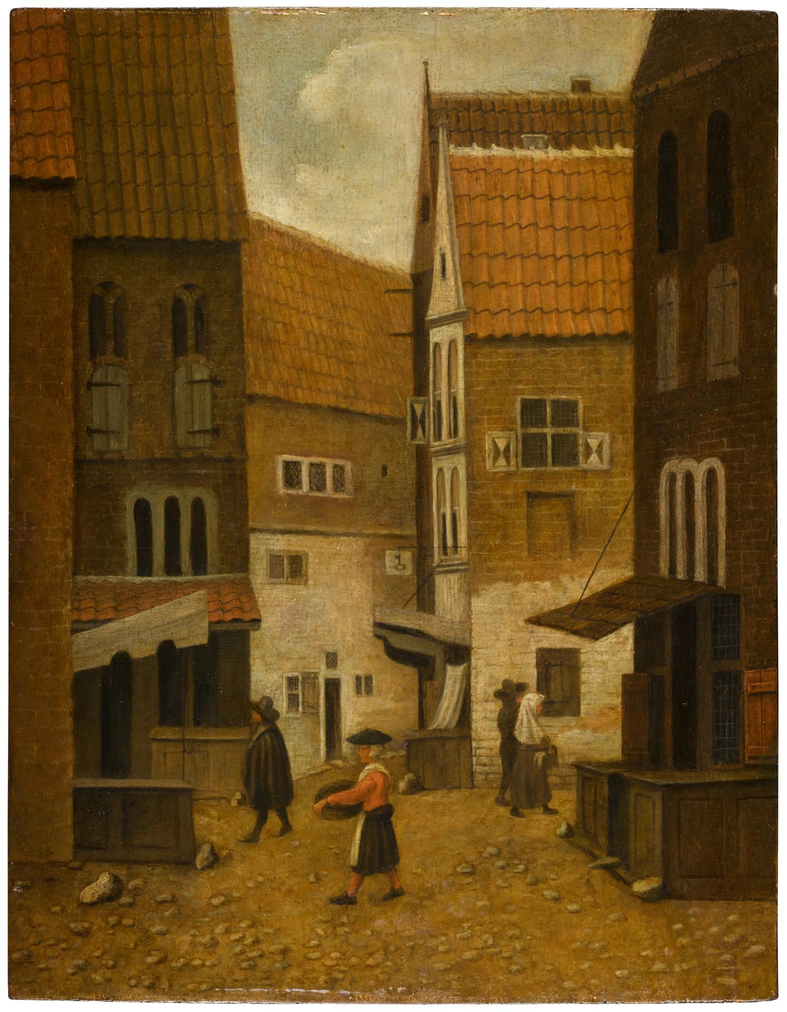 Jacobus Vrel - A view along a town street with figures