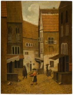 Jacobus Vrel - A view along a town street with figures