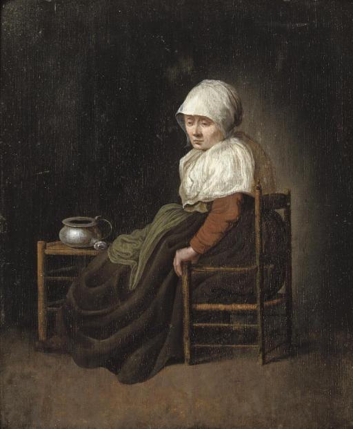 Jacobus Vrel - A woman seated in a chair by a stool with a pewter pot