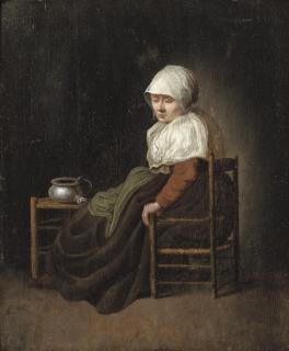 Jacobus Vrel - A woman seated in a chair by a stool with a pewter pot
