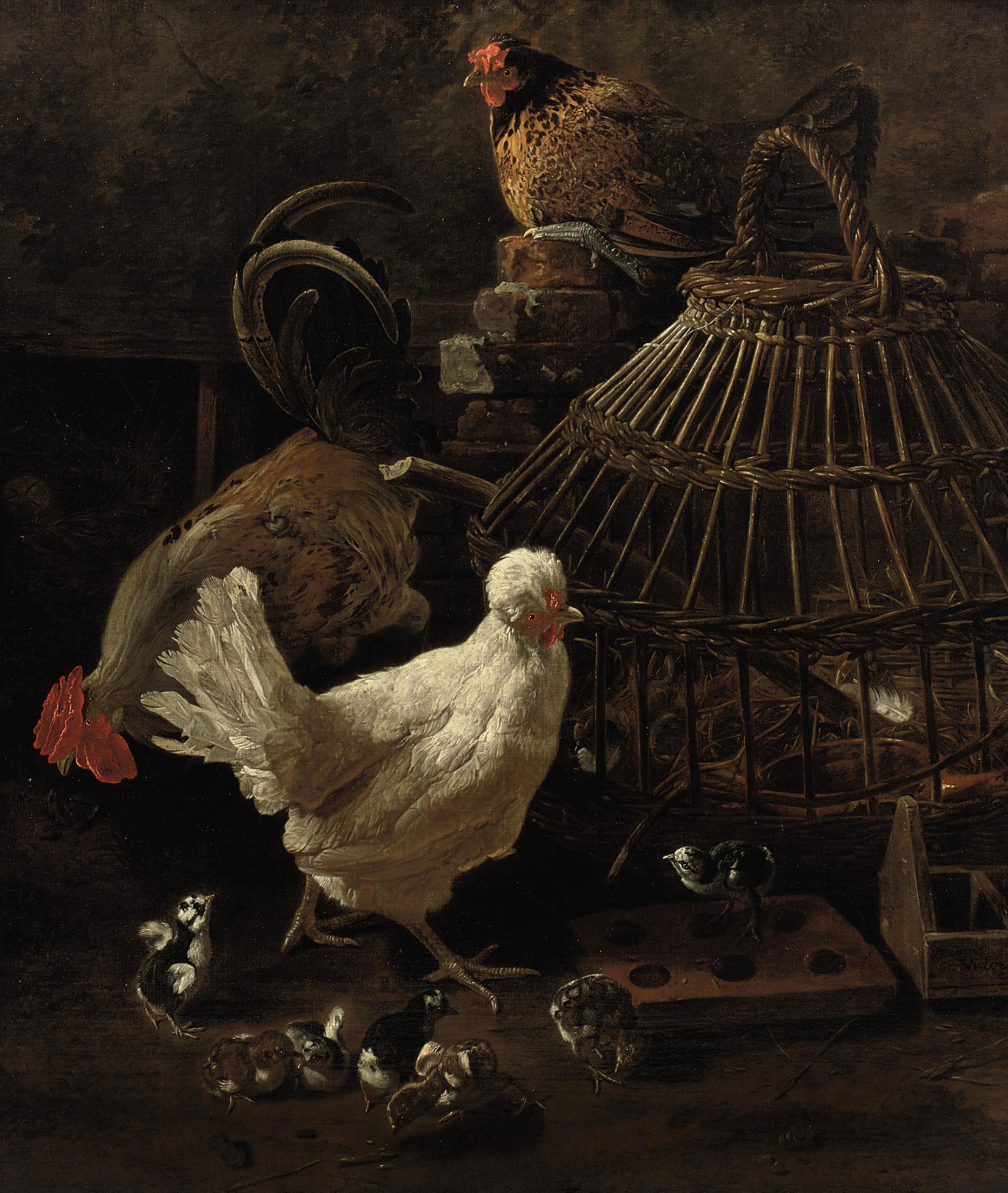 Jacomo Victors - Three hens with chicks near a reed cage