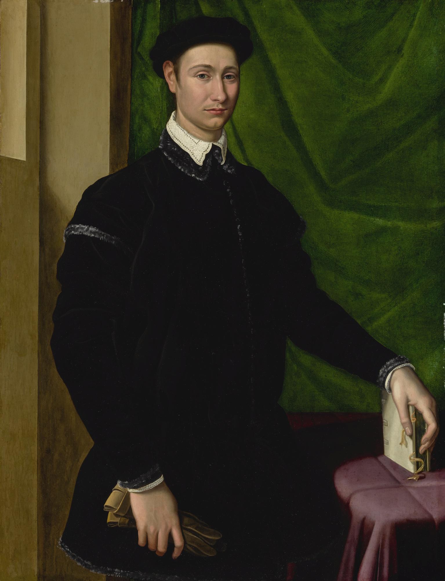 Jacopino Del Conte - Portrait Of A Gentleman, Three-Quarter Length, Standing And Holding A Pair Of Gloves In His Right Hand, His Left Hand Resting On A Book, Before A Green Curtain