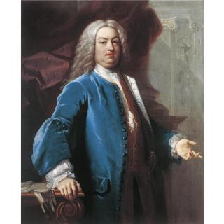 Jacopo Amigoni - Portrait Of A Gentleman Thought To Be James Howe, Three-Quarter Length, Wearing A Powdered Wig And A Blue Velvet Frock-Coat, Standing In A Palatial Interior