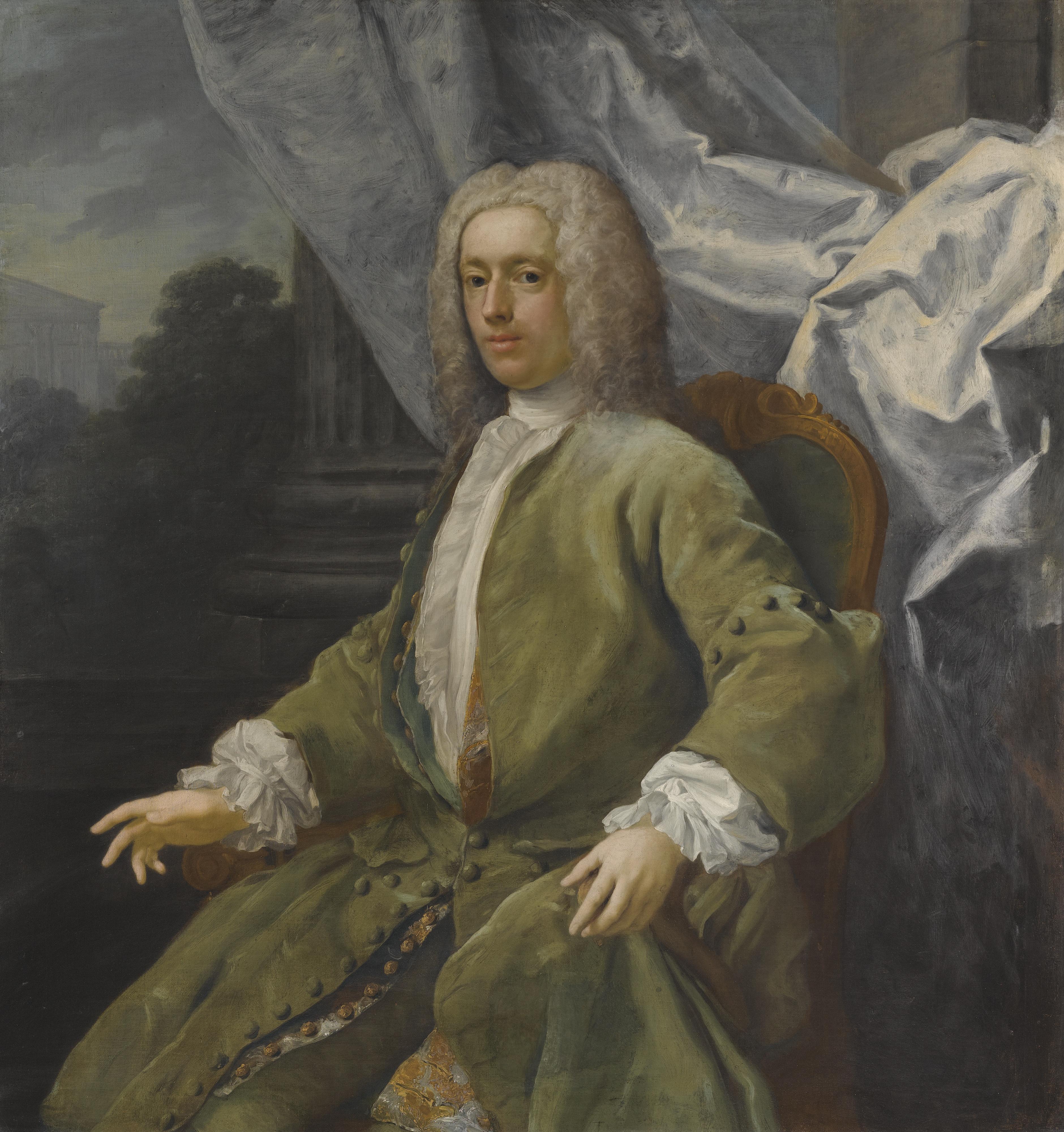 Jacopo Amigoni - Portrait Of A Seated Gentleman, Three Quarter Length, Wearing A Green Jacket, A Landscape Beyond