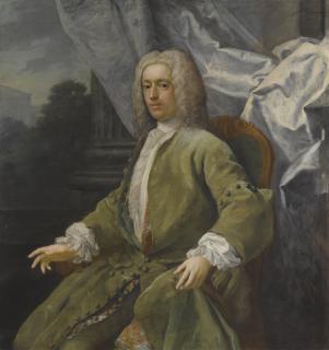 Jacopo Amigoni - Portrait Of A Seated Gentleman, Three Quarter Length, Wearing A Green Jacket, A Landscape Beyond