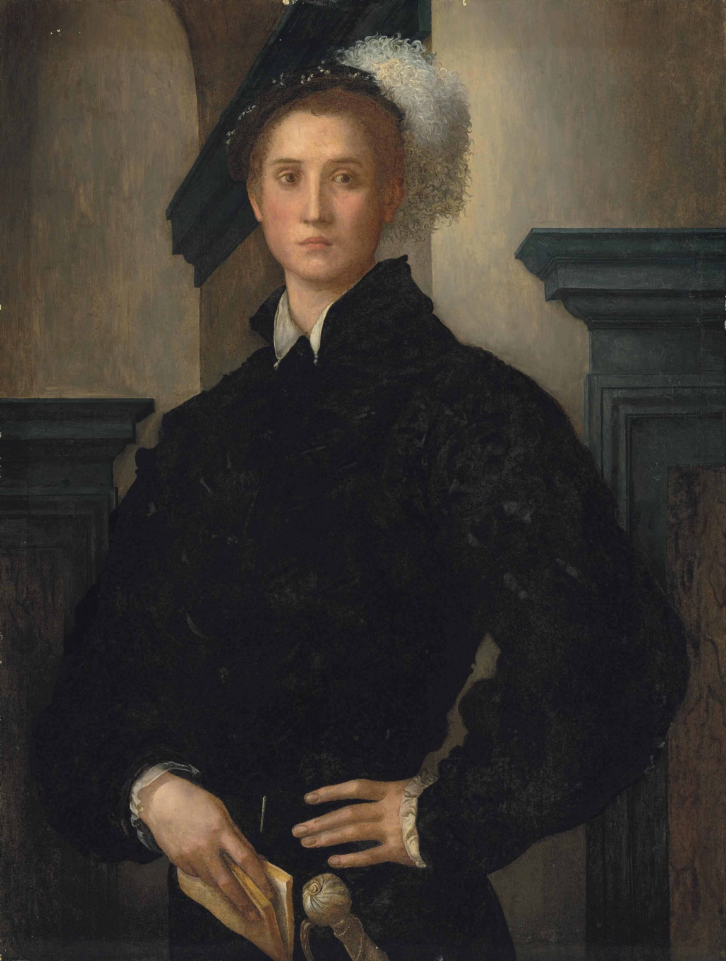 Jacopo Carucci - Portrait Of Cosimo I De\' Medici (1519-74), Half-Length, In A Black Slashed Doublet And A Plumed Hat, Holding A Book