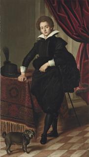 Jacopo Chimenti - Portrait of a gentleman, possibly of the Strozzi family, full-length, in black doublet, mantle and pantaloons, wearing a sword, his hat on the carpet-draped table beside, with a draped curtain and a lap-dog